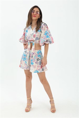 Çiçek Desenli Balon Kol Keten Takım - Mavi