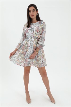 Çiçek Desenli Bel Dekolte Elbise - Beyaz