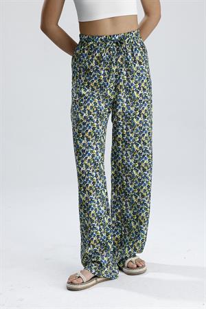 Çiçek Desenli Pantolon - Mavi