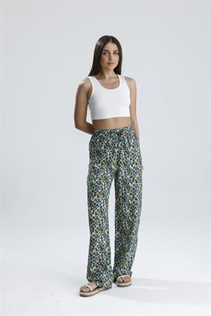 Çiçek Desenli Pantolon - Mavi