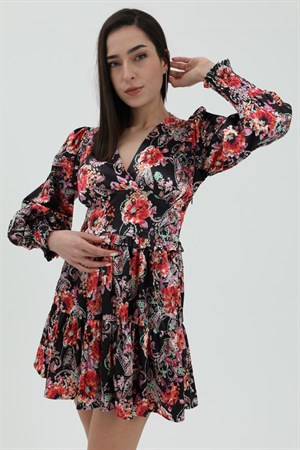 Çiçek Desenli Saten Elbise - Siyah
