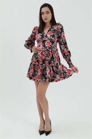 Çiçek Desenli Saten Elbise - Siyah
