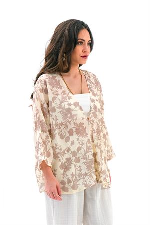 Çiçek Desenli Truvakar Kol Kimono - Kahve