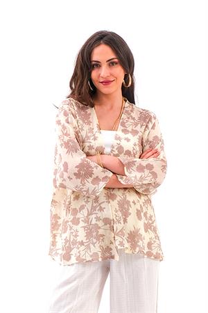 Çiçek Desenli Truvakar Kol Kimono - Kahve