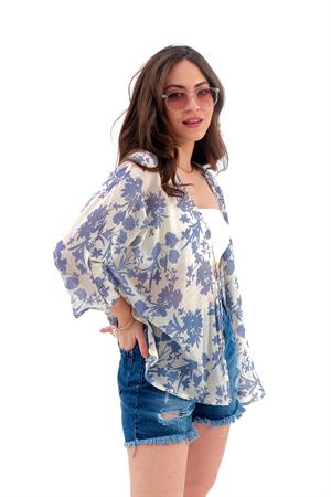 Çiçek Desenli Truvakar Kol Kimono - Mavi