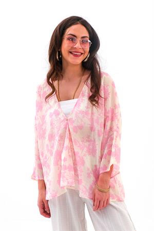 Çiçek Desenli Truvakar Kol Kimono - Pembe