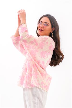 Çiçek Desenli Truvakar Kol Kimono - Pembe