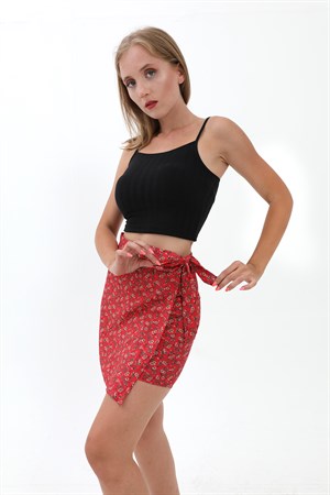 Çiçek Desenli Yandan Bağlamalı Etek - Kırmızı