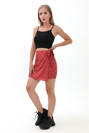 Çiçek Desenli Yandan Bağlamalı Etek - Kırmızı