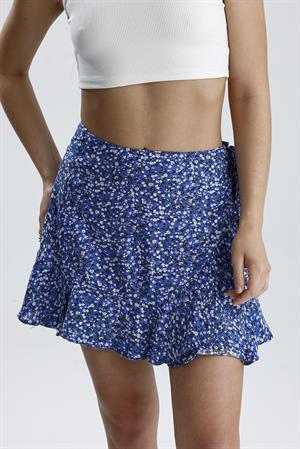 Çiçek Desenli Yandan Bağlamalı Etek - Mavi