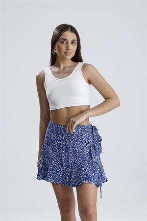 Çiçek Desenli Yandan Bağlamalı Etek - Mavi