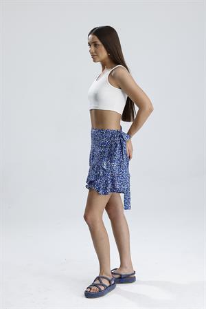 Çiçek Desenli Yandan Bağlamalı Etek - Mavi