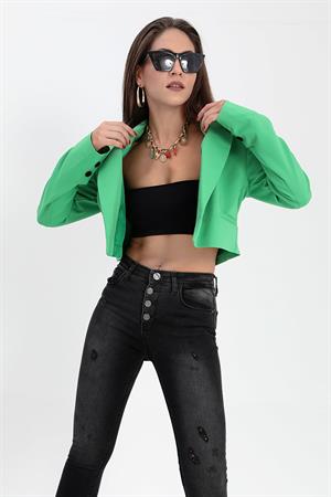 Çift Peto Cepli Kısa Crop Blazer Ceket - Yeşil