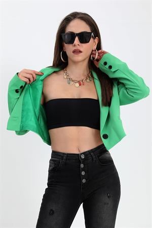 Çift Peto Cepli Kısa Crop Blazer Ceket - Yeşil