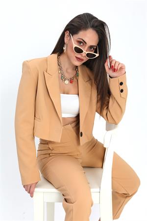 Çift Peto Cepli Kısa Crop Blazer Ceket - Camel