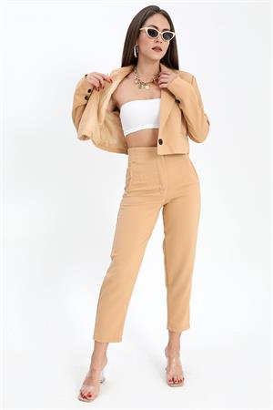 Çift Peto Cepli Kısa Crop Blazer Ceket - Camel