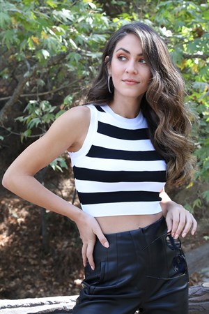 Çizgili Triko Atlet - Beyaz