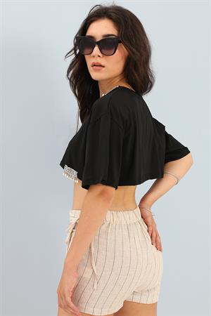 Crop Bisiklet Yaka İnci Detaylı - Siyah