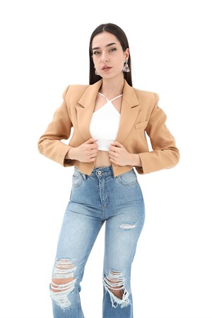Crop Blazer Kısa Ceket - Camel
