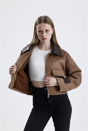 Deri Detaylı Fermuarlı Kısa Süet Ceket - Vizon