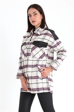 Deri Garnili Ekose Cepli Gömlek - Mor