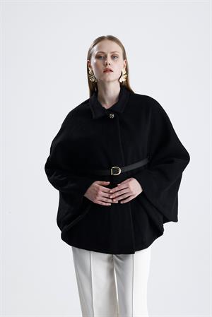 Deri Kemerli Kaşe Panço - Siyah