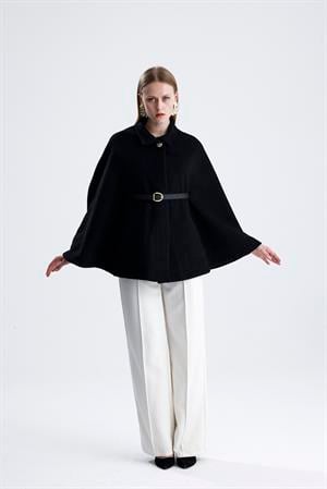 Deri Kemerli Kaşe Panço - Siyah