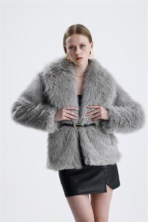 Deri Kemerli Kürk Kaban - Gri