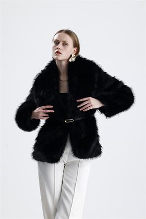 Deri Kemerli Kürk Kaban - Siyah