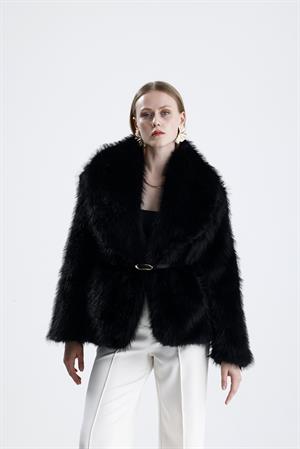 Deri Kemerli Kürk Kaban - Siyah