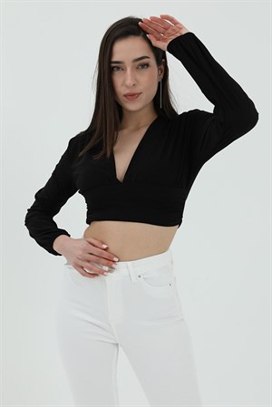 Derin V Yaka Crop Bluz - Siyah