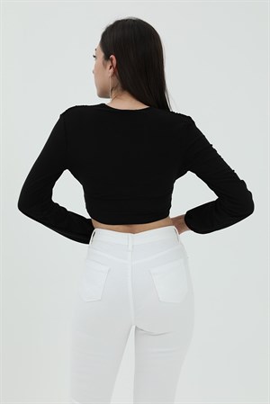 Derin V Yaka Crop Bluz - Siyah