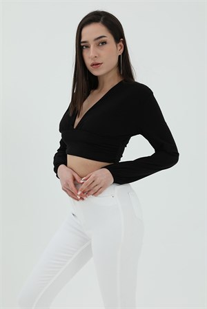 Derin V Yaka Crop Bluz - Siyah