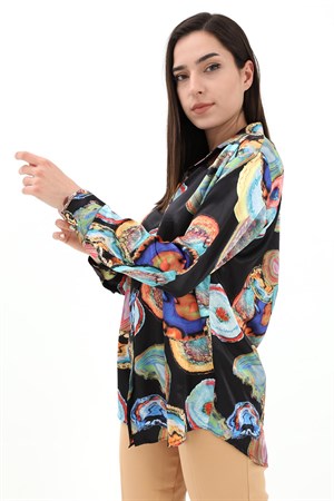 Desenli Saten Gömlek - Siyah