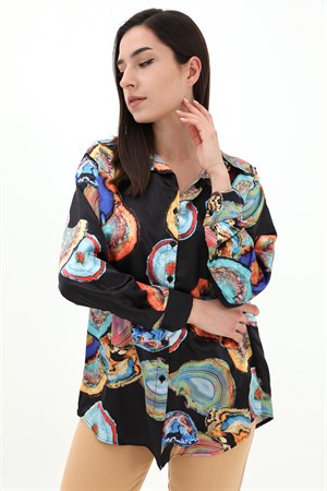 Desenli Saten Gömlek - Siyah