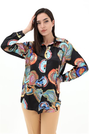 Desenli Saten Gömlek - Siyah