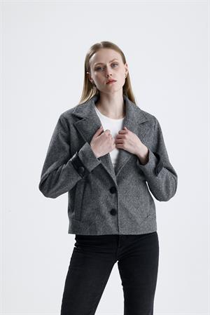 Diyagonal Kruvaze Kaşe Ceket Deri Detaylı - Gri