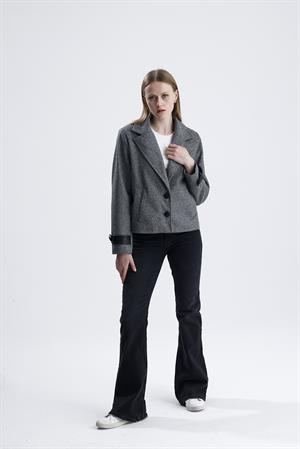 Diyagonal Kruvaze Kaşe Ceket Deri Detaylı - Gri