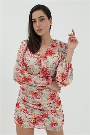 Drape Detaylı Şifon Elbise - Ekru