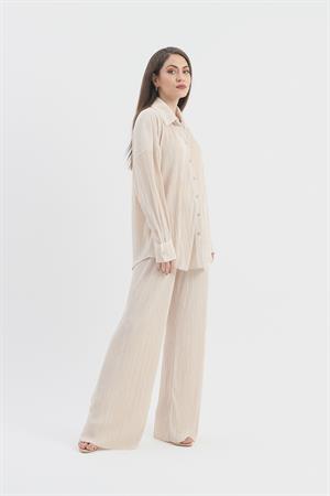 Düğme Detaylı Örme Pilise Takım - Bej