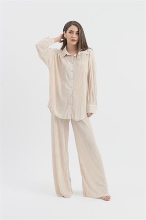 Düğme Detaylı Örme Pilise Takım - Bej