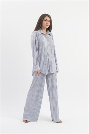 Düğme Detaylı Örme Pilise Takım - Gri