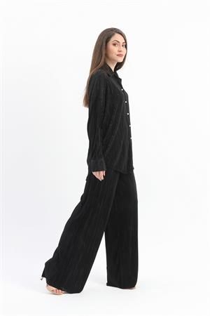 Düğme Detaylı Örme Pilise Takım - Siyah