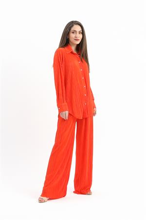Düğme Detaylı Örme Pilise Takım - Turuncu