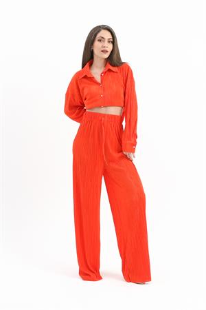Düğme Detaylı Örme Pilise Takım - Turuncu