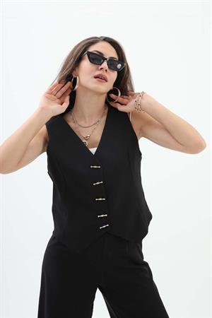 Düğme Detaylı Yelek - Siyah