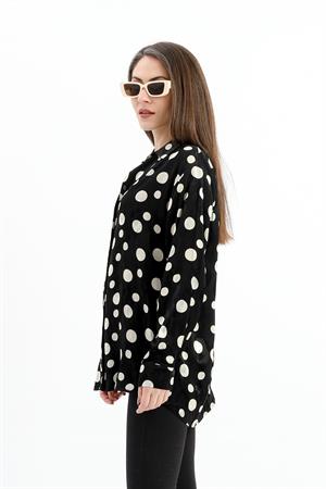 Düşük Kol Puantiye Desen Saten Gömlek - Siyah-Ekru