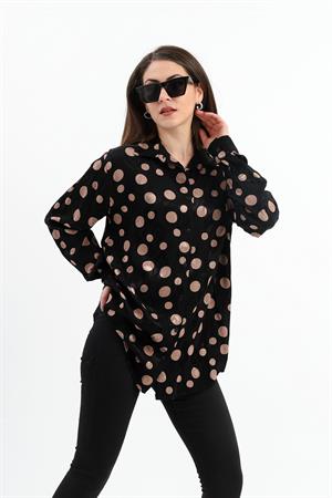 Düşük Kol Puantiye Desen Saten Gömlek - Siyah-Camel