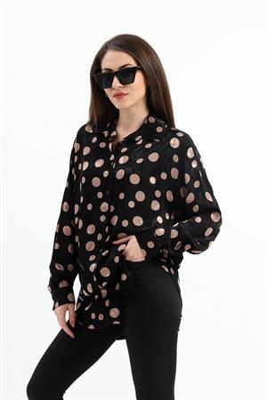 Düşük Kol Puantiye Desen Saten Gömlek - Siyah-Camel