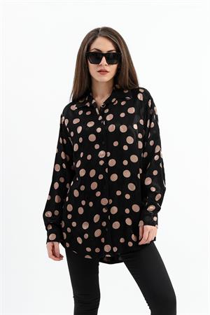 Düşük Kol Puantiye Desen Saten Gömlek - Siyah-Camel